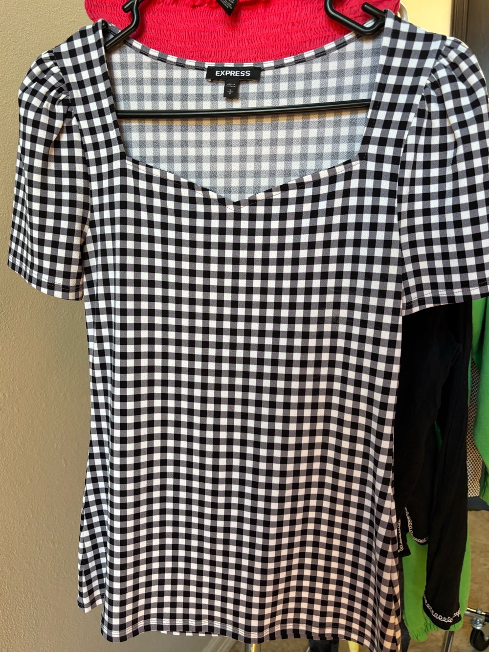 Express Black and White Gingham Square-Neck Short Sleeve Top